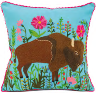 Embroidered Bison in Paradise Pillow