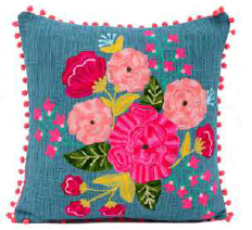 Embroidered Flower Blue Pillow