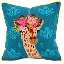 Embroidered Giraffe/Damask Pillow