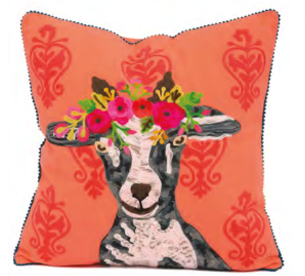 Embroidered Goat/Damask Pillow