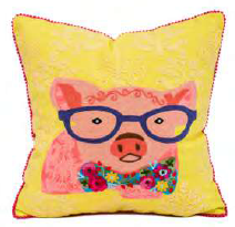 Embroidered Pig/Damask Pillow