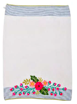 Embroidered Striped Flower Tea Towel