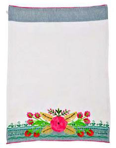 Embroidered Striped Flower Tea Towel