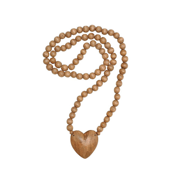 Wood Hand-Carved Bead Strand w/ Heart